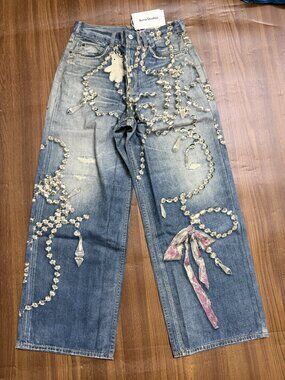 Acne Studios 1981 Crystal Bow Trompe-l'œil Print Low-Rise Loose Jeans